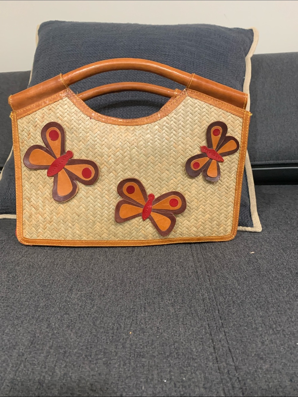 Butterfly Applique Straw Tote in Natural and Tan